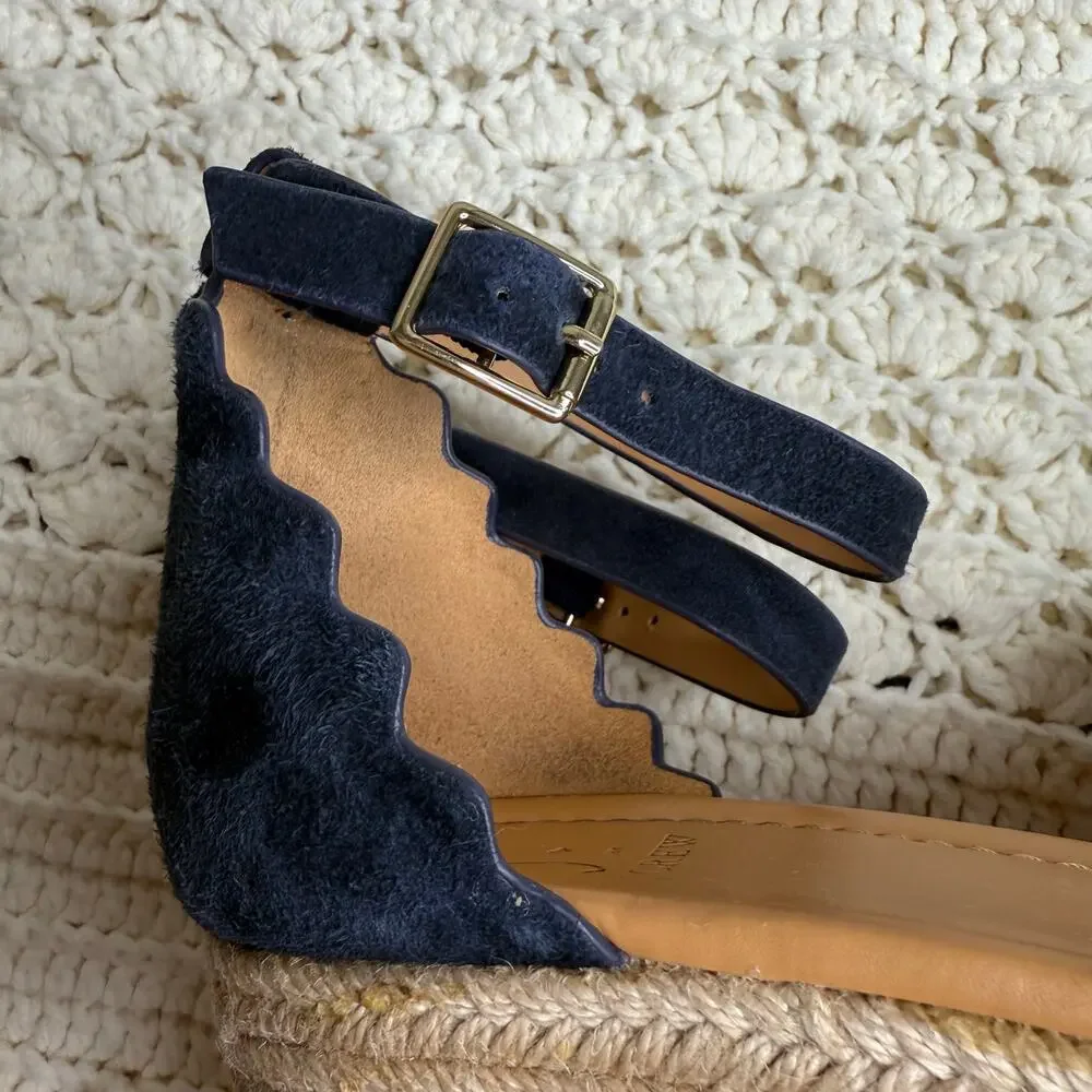 J. CREW Women's 10 Suede Leather Scalloped Flatform Espadrille Shoes Navy Tan